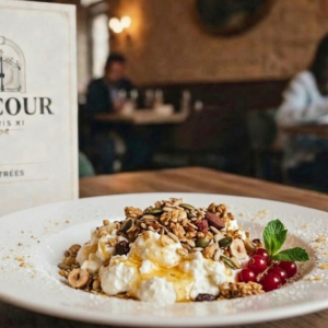 Fromage blanc fermier au miel du 11e et granola croustillant maison